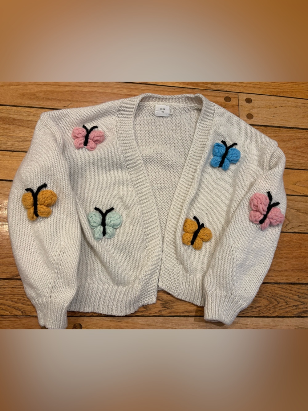 Luna Ivy White Women's Knit Cardigan with Colorful Butterfly Appliqués medium